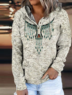 Green Hooded Printed Round Neck Long Sleeve Hoodie