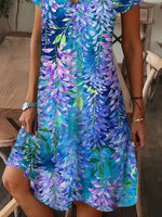 V Neck Floral Print Short Sleeve A-Line Maxi Dress