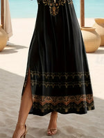 Vintage Floral Print Crew Neck Short Sleeve Side Slit A-Line Maxi Dress