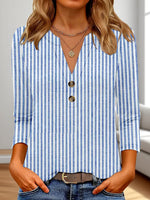 Vertical Stripe V Neck Three Quarter Sleeve Regular Fit A-Line 100% Cotton Casual T-Shirt