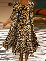 Leopard Print Crew Neck Three Quarter Sleeve Open Front Coat With Matching A-Line Maxi Dress 2 Piece Set