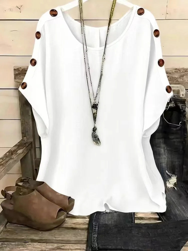 Plain V Neck Short Sleeve Side Wooden Button Loose H-Line Polyester Spandex Summer Casual Top