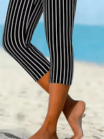 Vertical Stripe Natural Elastic Waist Regular Fit H-Line Capri Rayon Casual Leggings
