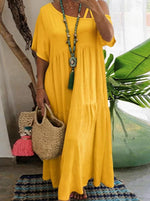 Women Asymmetrical Neckline Short Sleeve Solid Cotton Casual Tiered Maxi Dress