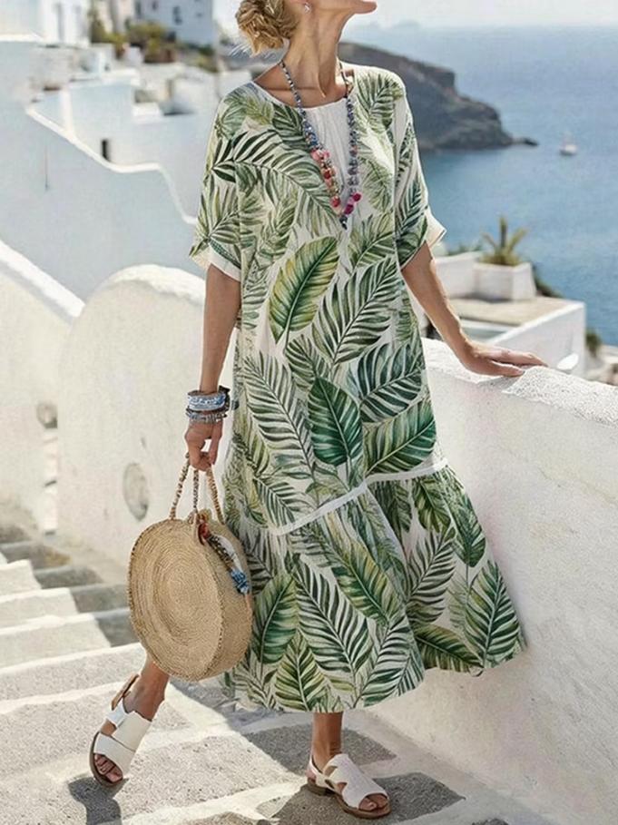 Women Green Botanical Leaf Print Round Neck Short SleeveCasual Ankle Length Midi Dress