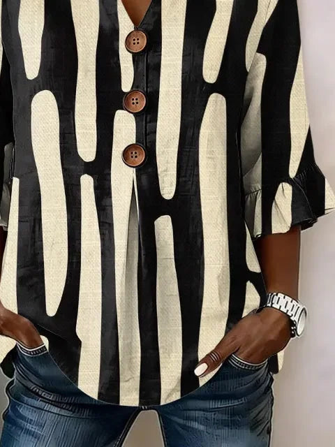 Women Casual Vintage Black Abstract Print V Neck Ruffle Half Sleeve Polyester Blouse