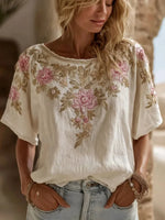White Floral 3D Print Crew Neck Short Sleeve Casual Summer Women T-shirt
