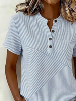 Blue Striped V Neck Button Detail Short Sleeve Regular Fit Summer Women Shirt