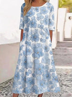 Blue Floral Crew Neck Half Sleeve H-Line Summer Maxi Dress