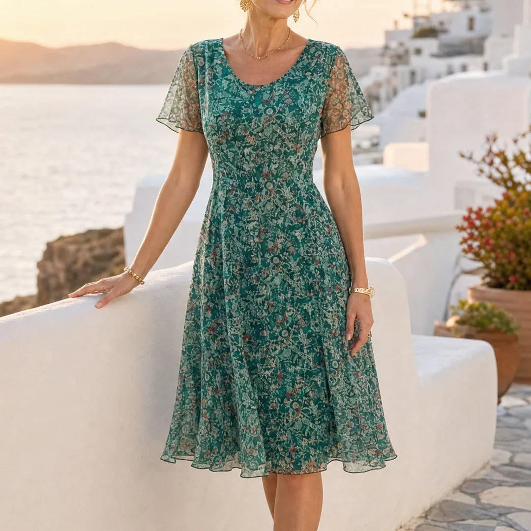 Women Sage Green Floral Chiffon Midi Dress, Flutter Sleeve Fit And Flare Summer Casual Dres