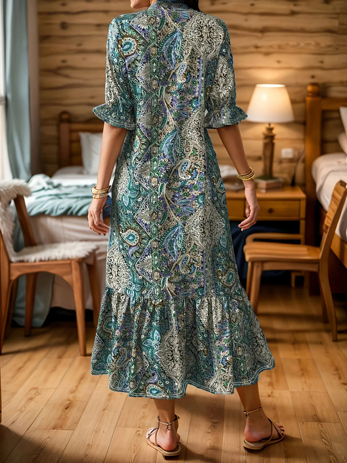 Bohemian Paisley Print V Neck Ruffle Hem 3/4 Sleeve Maxi Dress