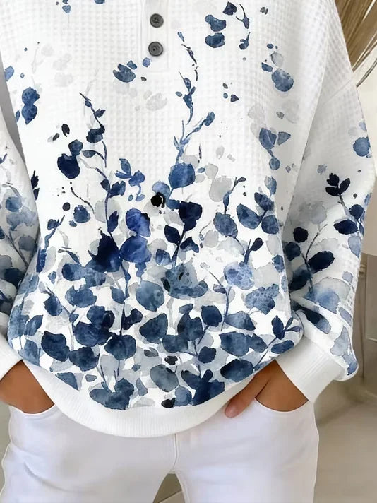 Women Crew Neck Watercolor Floral Print Henley Waffle Sweatshirt