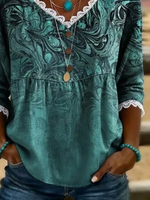 Women V Neck Lace Trim Abstract Print Half Sleeve Casual Summer Blouse