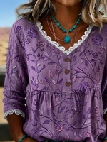 Women V Neck Floral Print Lace Edge Half Sleeve Casual Summer Blouse