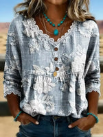 Women V Neck Floral Print Lace Edge Half Sleeve Casual Summer Blouse