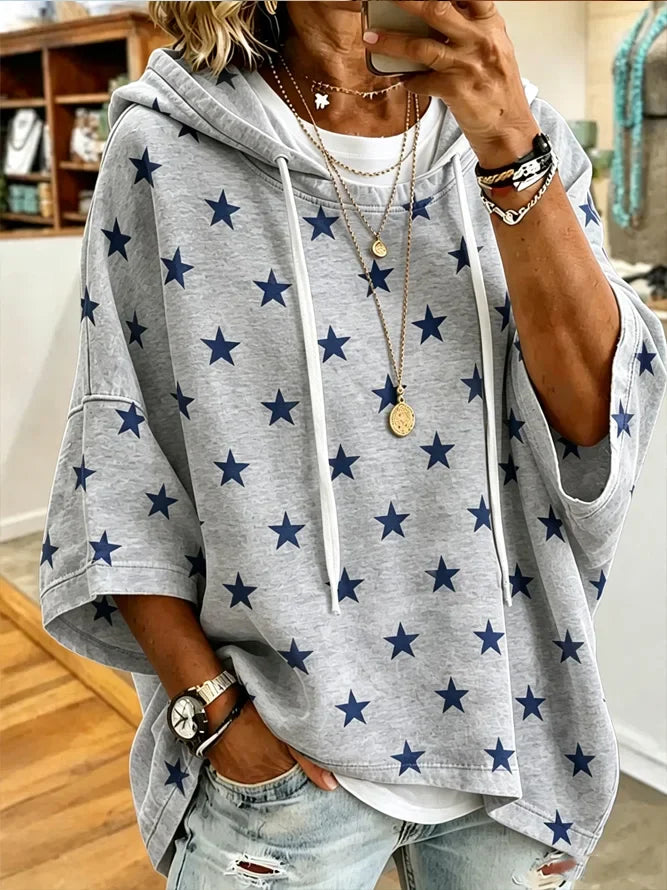 Women Star Print Half Sleeve Loose Hooded Casual Top