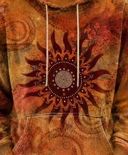 Women Bohemian Sun Mandala Print Orange Washed Hooded Sweatshirt