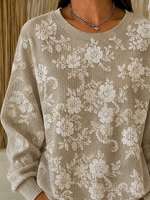 Women Khaki Lace Floral Print Crew Neck Long Sleeve Sweatshirt