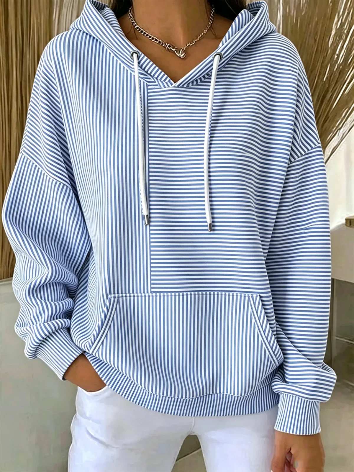 Striped Drawstring Hooded Sweatshirt With Kangaroo Pocket