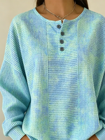 Tie-dye Waffle Knit Henley Long Sleeve Top