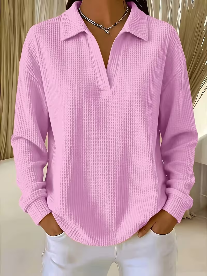 Waffle Knit Shawl Collar V-Neck Long Sleeve Top