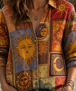 Vintage Sun Moon Ethnic Patchwork Print Long Sleeve Button Down Shirt