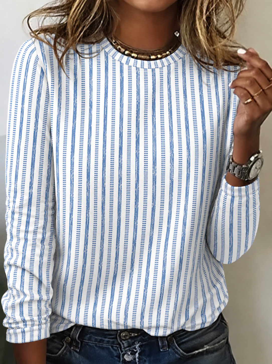 Casual Blue Striped Crew Neck Long Sleeve T-shirt