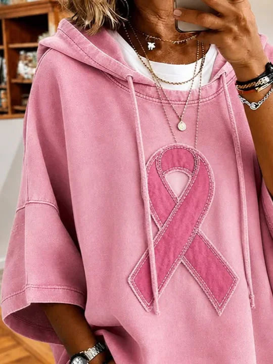 Pink Ribbon Abstract Print Half Sleeve Loose Hoodie