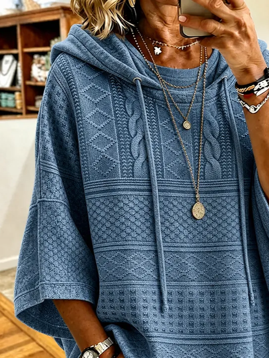 Blue Jacquard Cable Knit Half Sleeve Oversized Drawstring Hooded Top