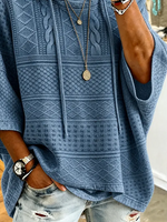 Blue Jacquard Cable Knit Half Sleeve Oversized Drawstring Hooded Top