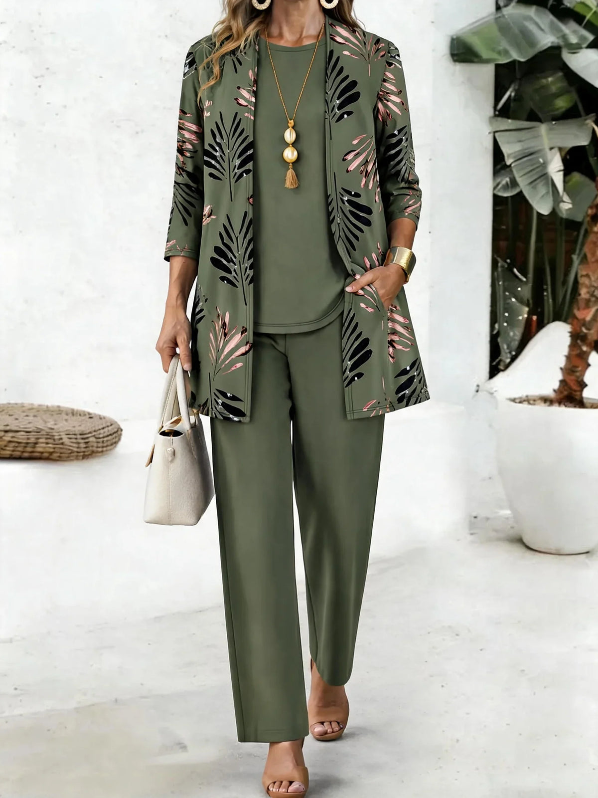 Women Leaf Print Long Sleeve Casual Spring/Fall Multi-Piece Set Matching Set