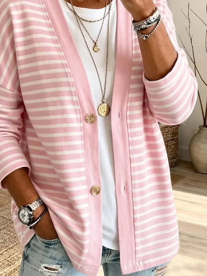 Women Spring/Fall Outerwear Casual Printing Striped Long Sleeve Jacket