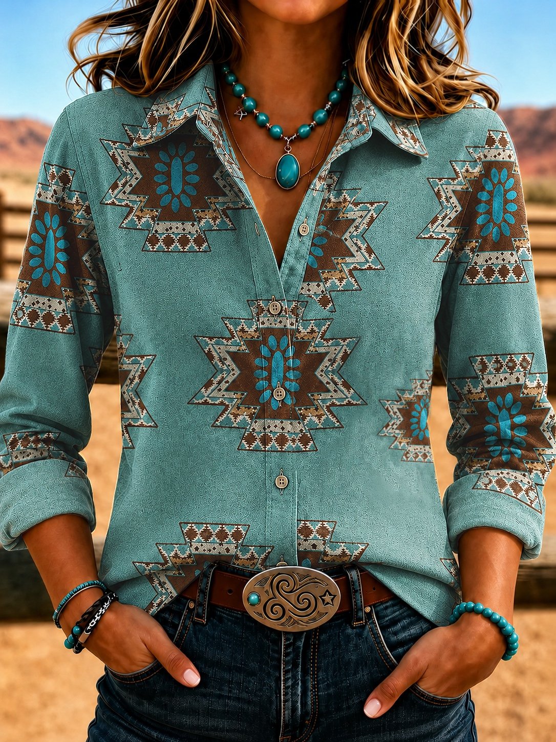 Women Plain Vintage Shirt Shirt Collar Long Sleeve Printing Top