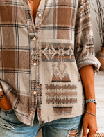 Women Plaid Vintage Shirt Shirt Collar Long Sleeve Printing Top