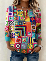 Vintage Abstract Graphic Henley Collar Long Sleeve T-shirt
