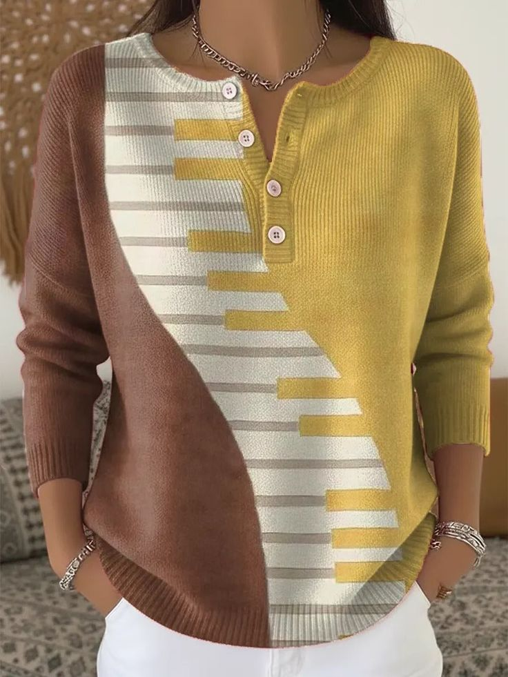 Casual Vintage Geometric Henley Collar Long Sleeve T-shirt