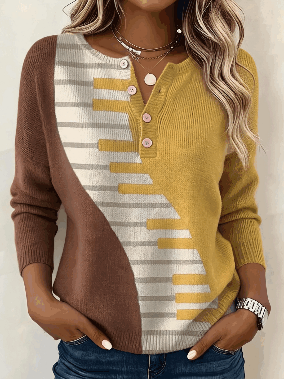 Casual Vintage Geometric Henley Collar Long Sleeve T-shirt