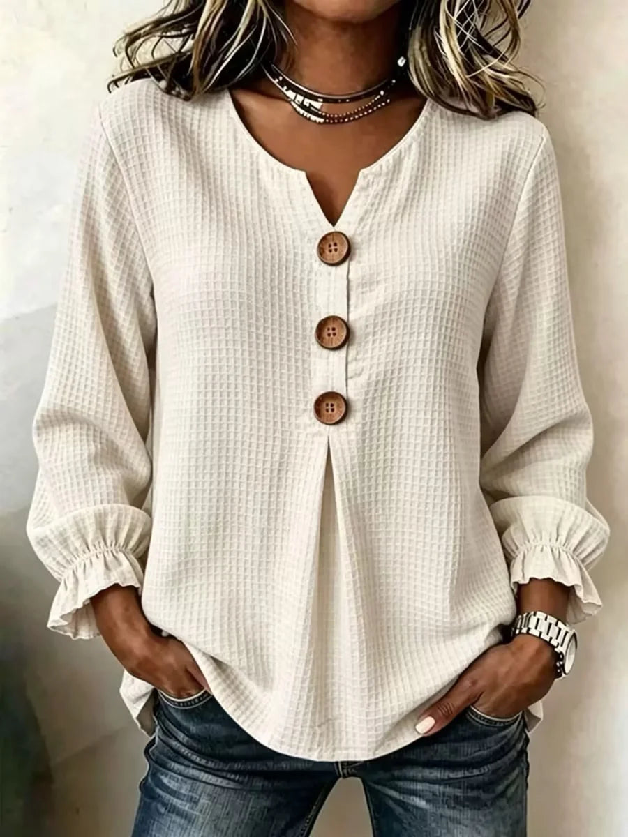 Women Plain Casual Blouse V Neck Long Sleeve Top