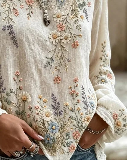 Elegant Women Floral Casual Blouse Crew Neck Long Sleeve Printing Top