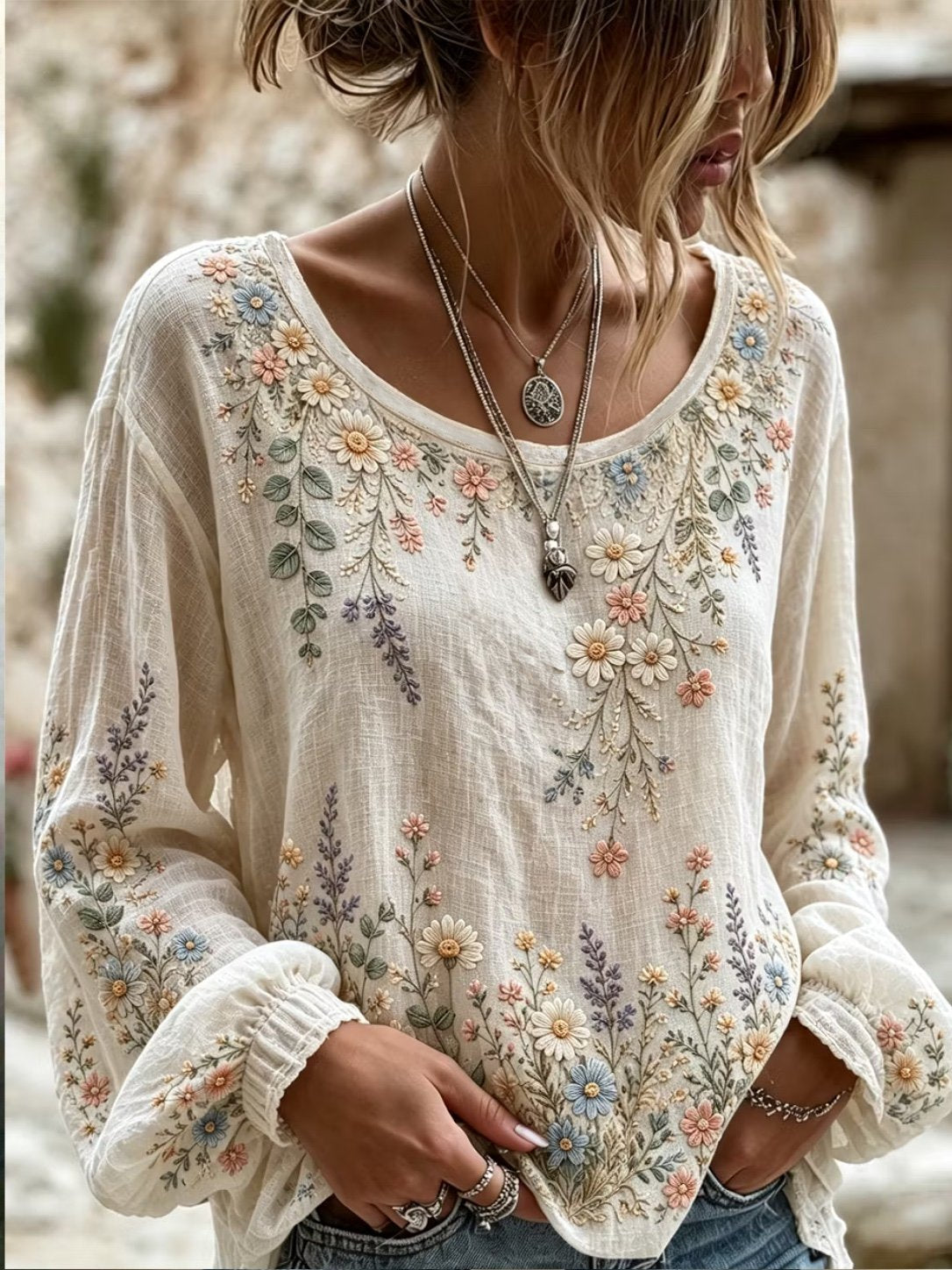 Elegant Women Floral Casual Blouse Crew Neck Long Sleeve Printing Top