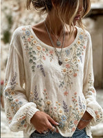 Elegant Women Floral Casual Blouse Crew Neck Long Sleeve Printing Top