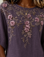 Elegant Women Floral Pattern Vintage Blouse Crew Neck Half Sleeve Printing Top