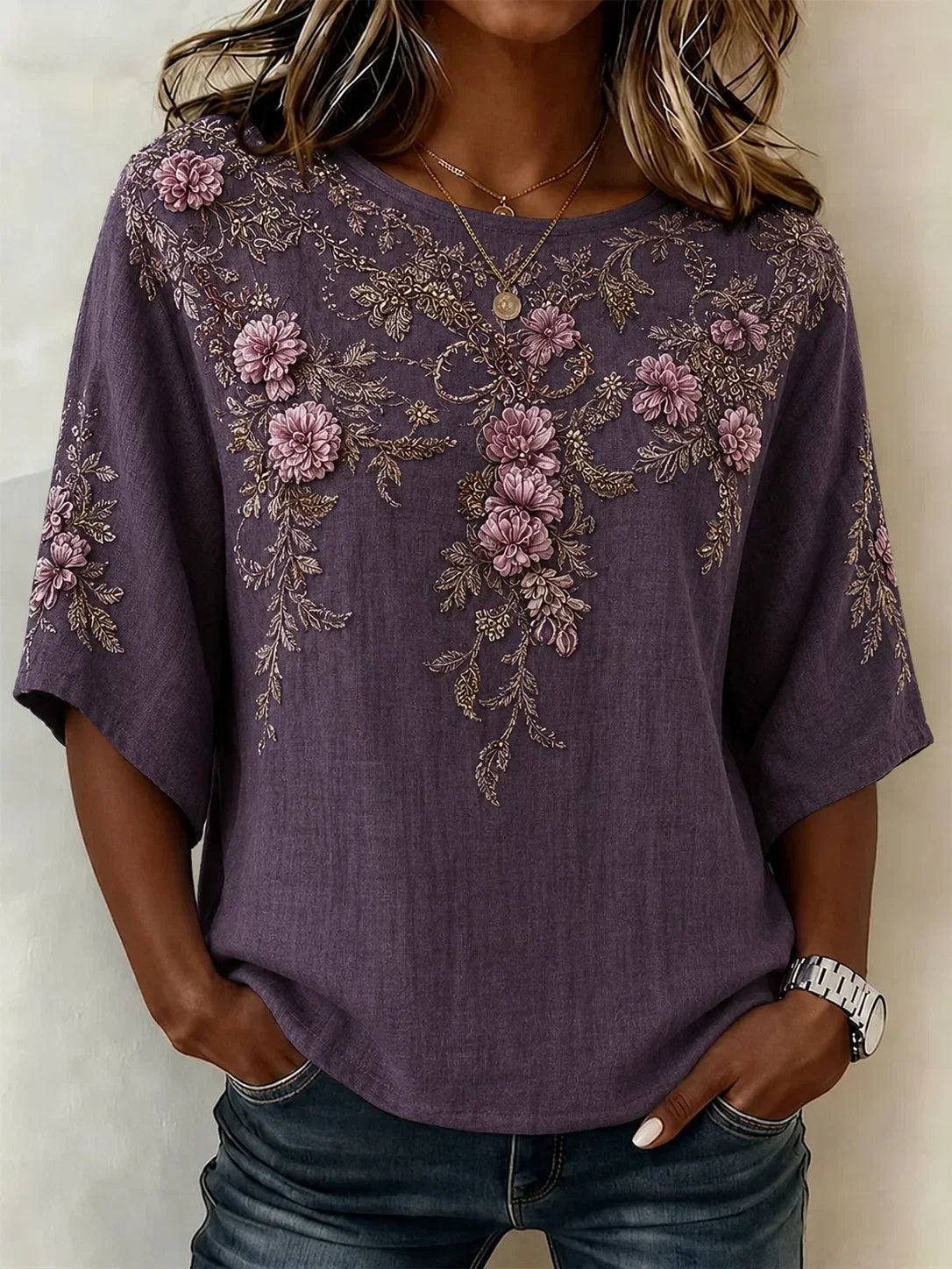 Elegant Women Floral Pattern Vintage Blouse Crew Neck Half Sleeve Printing Top