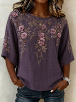 Elegant Women Floral Pattern Vintage Blouse Crew Neck Half Sleeve Printing Top