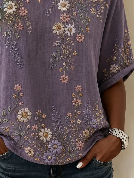 Elegant Women Floral Vintage Blouse Crew Neck Half Sleeve Printing Top