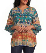Knit Multi Print Banded Y-Neck Elbow Flounce Sleeve Top