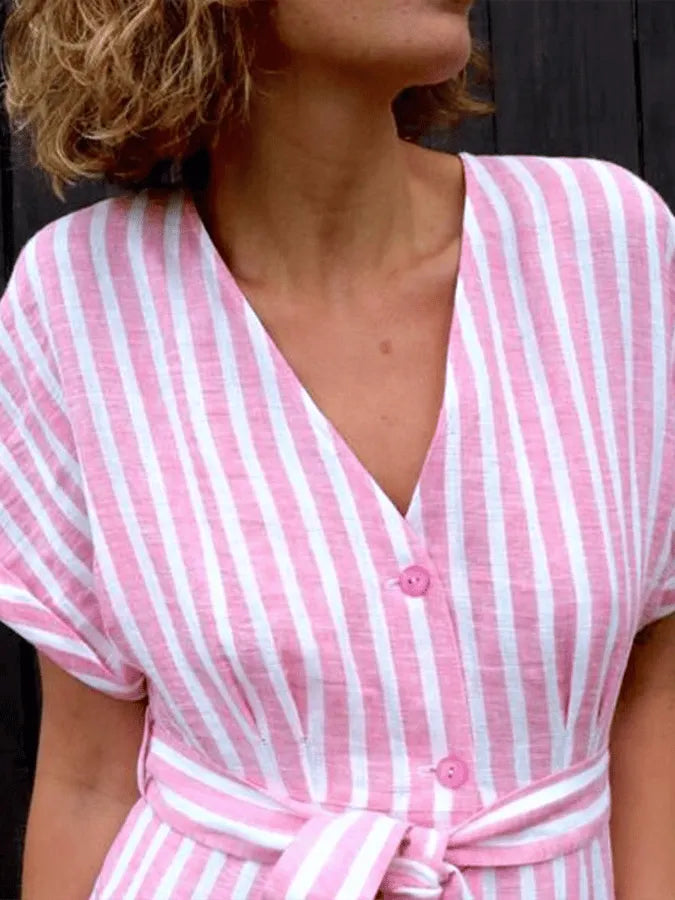 Women's Casual Retro Striped V Neck Loose Casual Dress