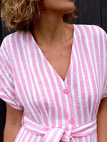 Women's Casual Retro Striped V Neck Loose Casual Dress