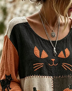 Women Cat Casual Blouse Crew Neck Long Sleeve Printing Top