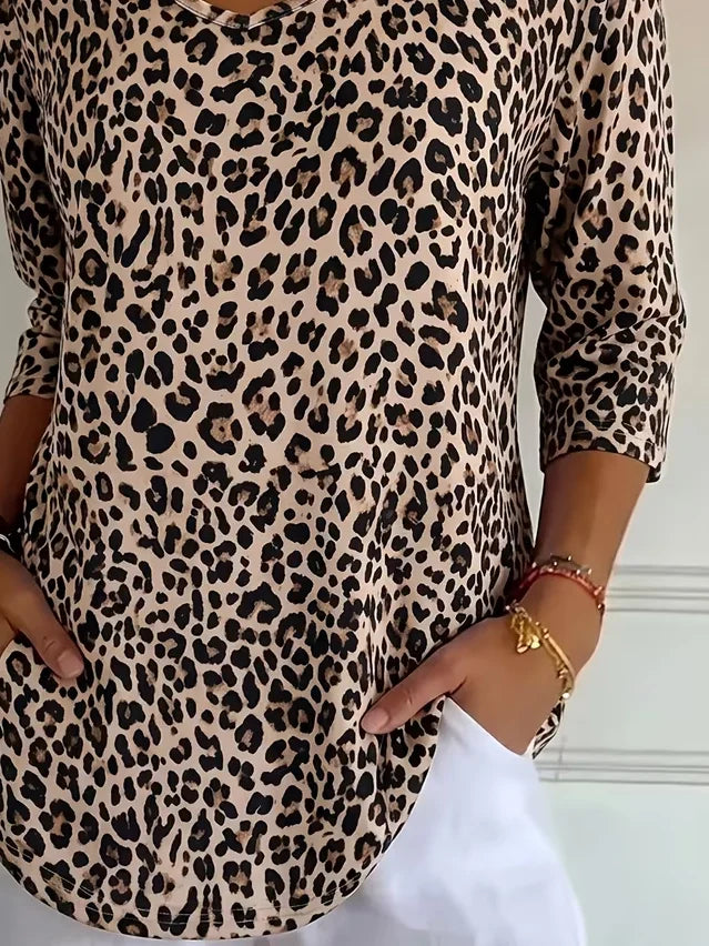 Casual Leopard V Neck Three Quarter Sleeve T-shirt